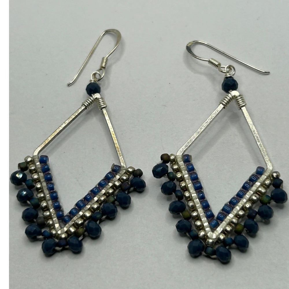 Blue beaded dangle earrings Boho Tribal Silver tone Statement - Picture 2 of 4